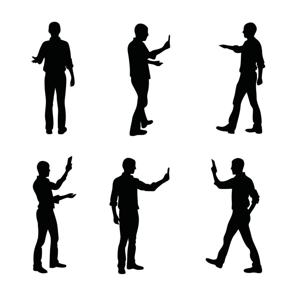 Set Of Male Silhouette Figures Presenting Or Interacting With Objects On White Background vector