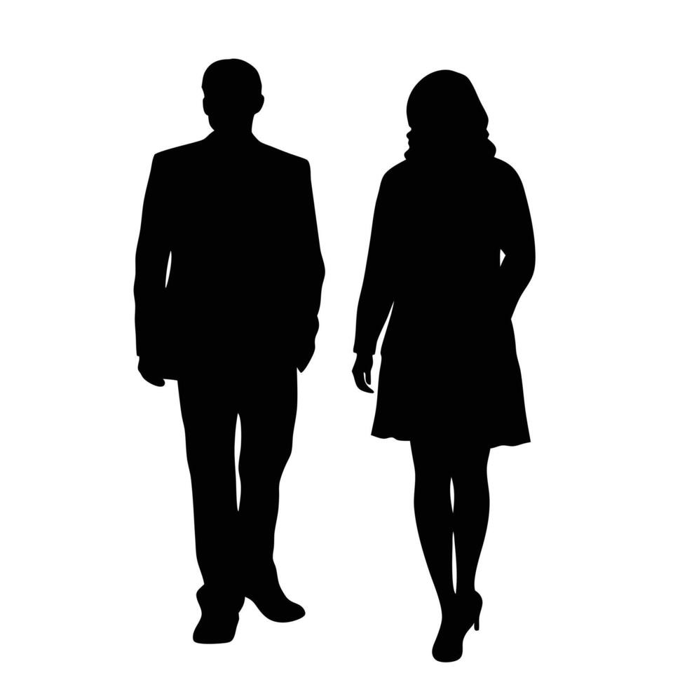 Elegant Black Silhouette Of A Business Man And Woman Walking Together Confidently vector