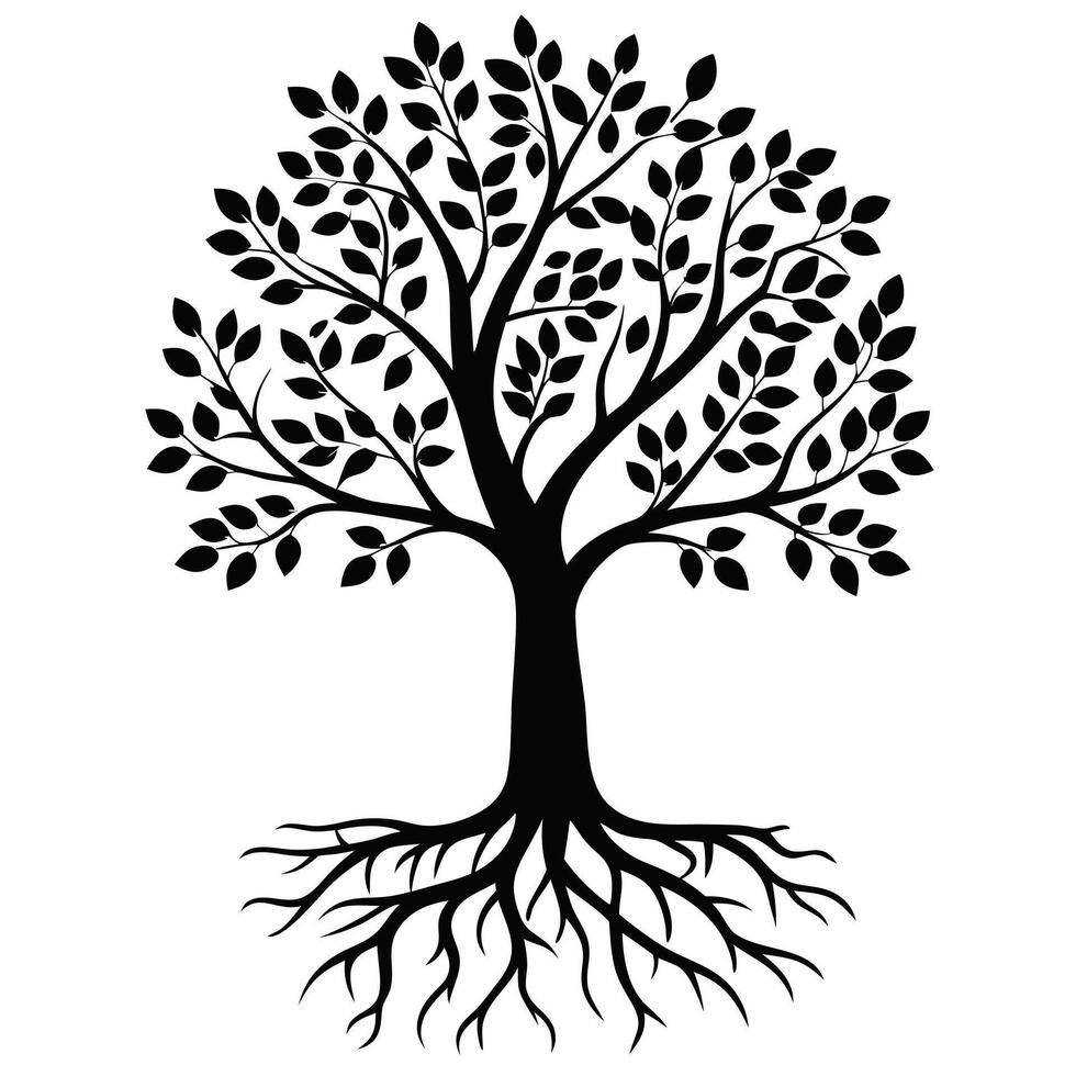 Silhouette Of A Tree With Leaves And Roots Isolated On White Background vector