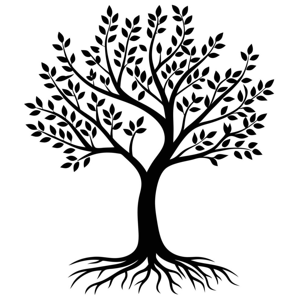 Minimalist Tree Silhouette With Leaves Branches And Roots Illustration On White vector