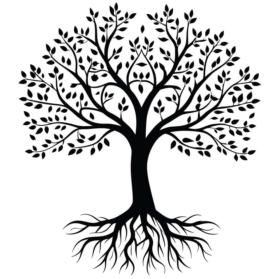 Silhouette Tree Illustration With Branches Leaves And Roots On White Background vector