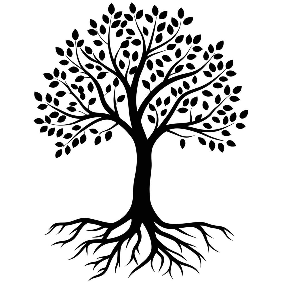 Silhouette Of A Mature Tree With Leaves And Extensive Roots Graphic vector