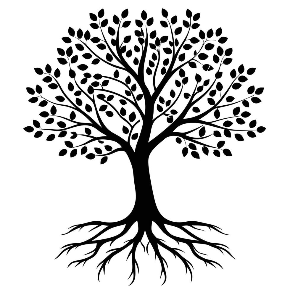 Black Silhouette Of A Tree With Roots And Leaves Isolated On White Background vector