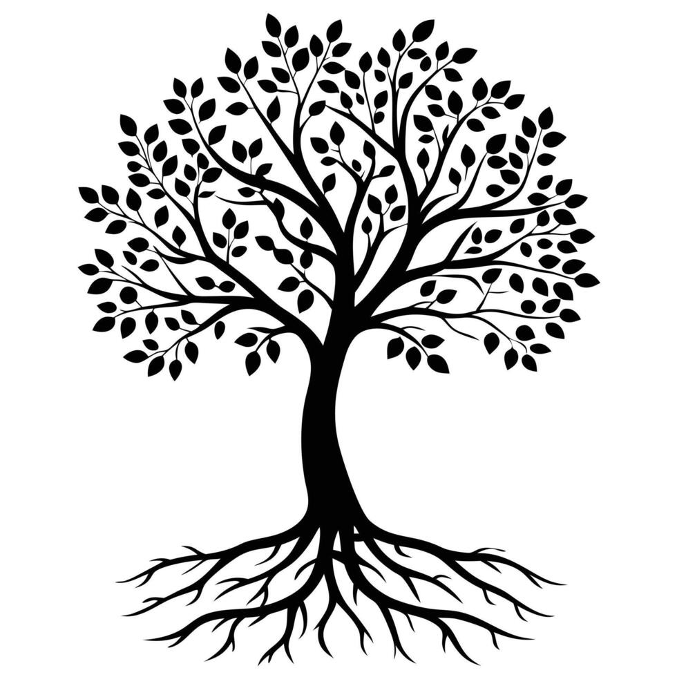 Silhouette Tree With Roots And Leaves Black And White Graphic Isolated vector