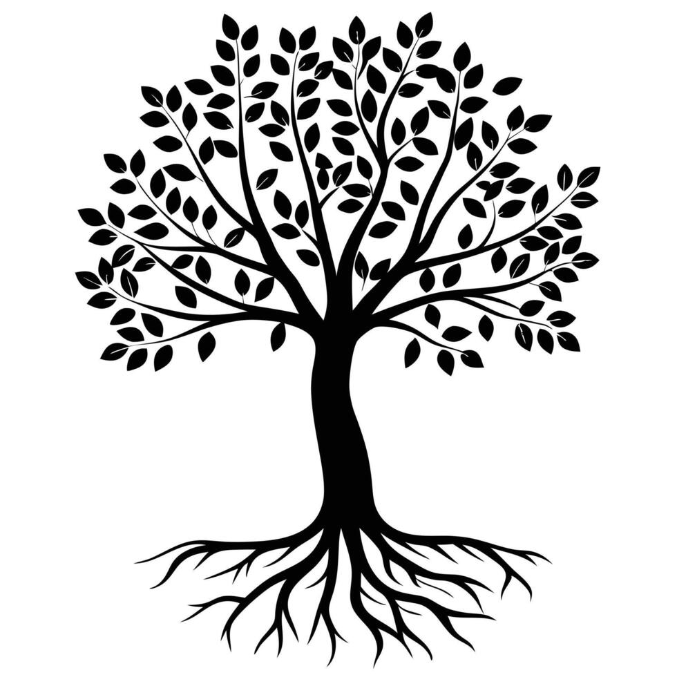 Silhouette Illustration Of A Tree With Roots And Leaves On White vector