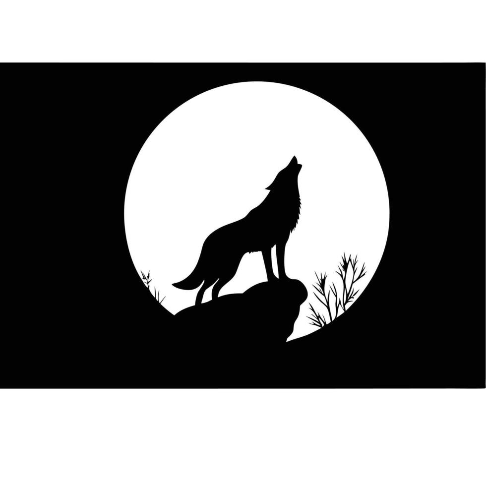 Wolf Howling At The Moon Silhouette On Rock In Black And White vector
