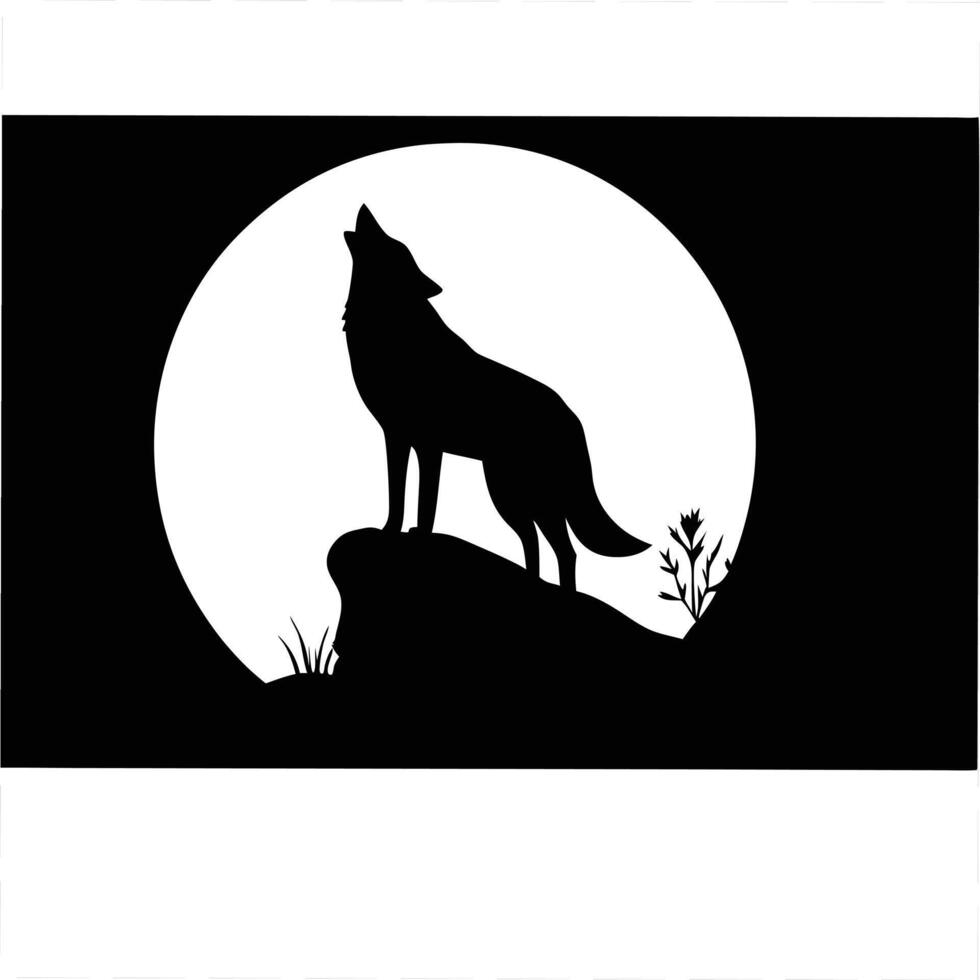 Silhouette Wolf Howling At Full Moon On Rock With Plants vector