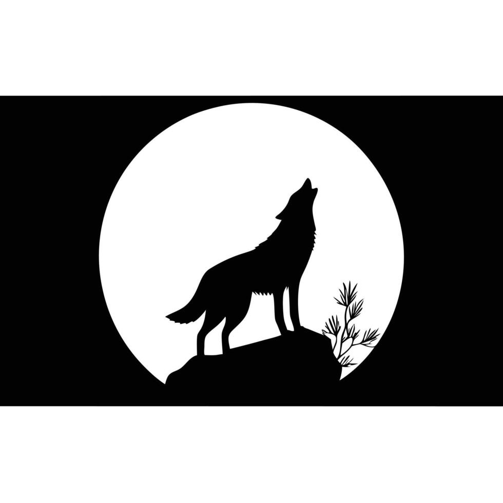 Howling Wolf Silhouette On Rock With Full Moon Against Black Sky vector