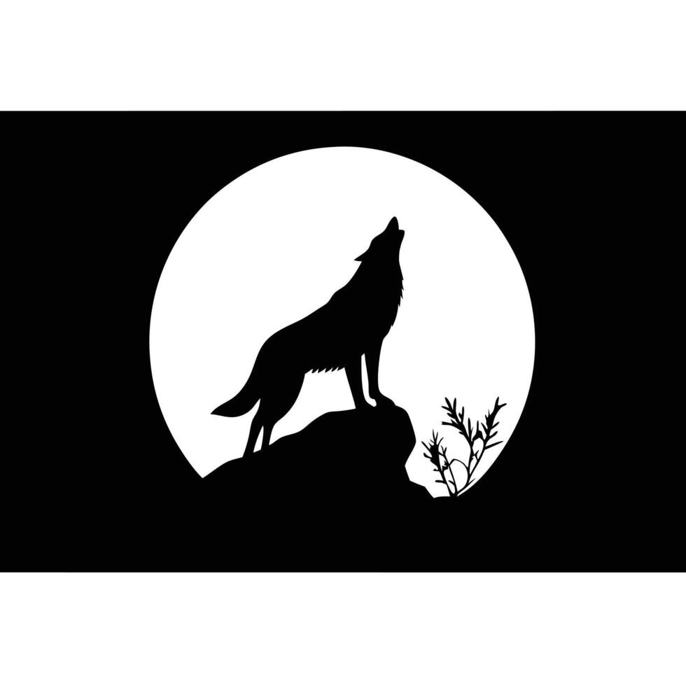 Silhouette Of Howling Wolf Standing On Rock At Night With Full Moon vector