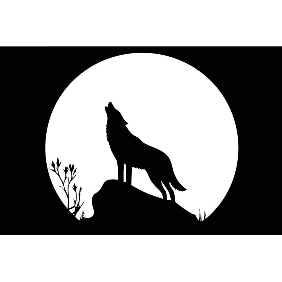 Howling Wolf Silhouette On A Rock With Full Moon Illustration vector
