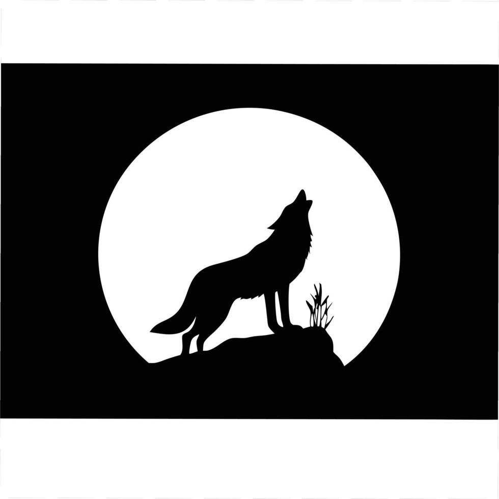 Silhouette Of A Howling Wolf Standing On Rock Before A Full Moon vector