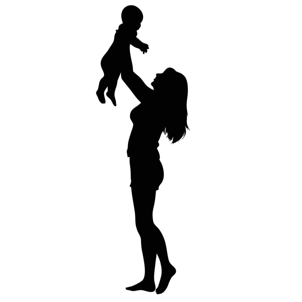 Silhouette Of Mother Holding Baby Up High In The Air With Love vector