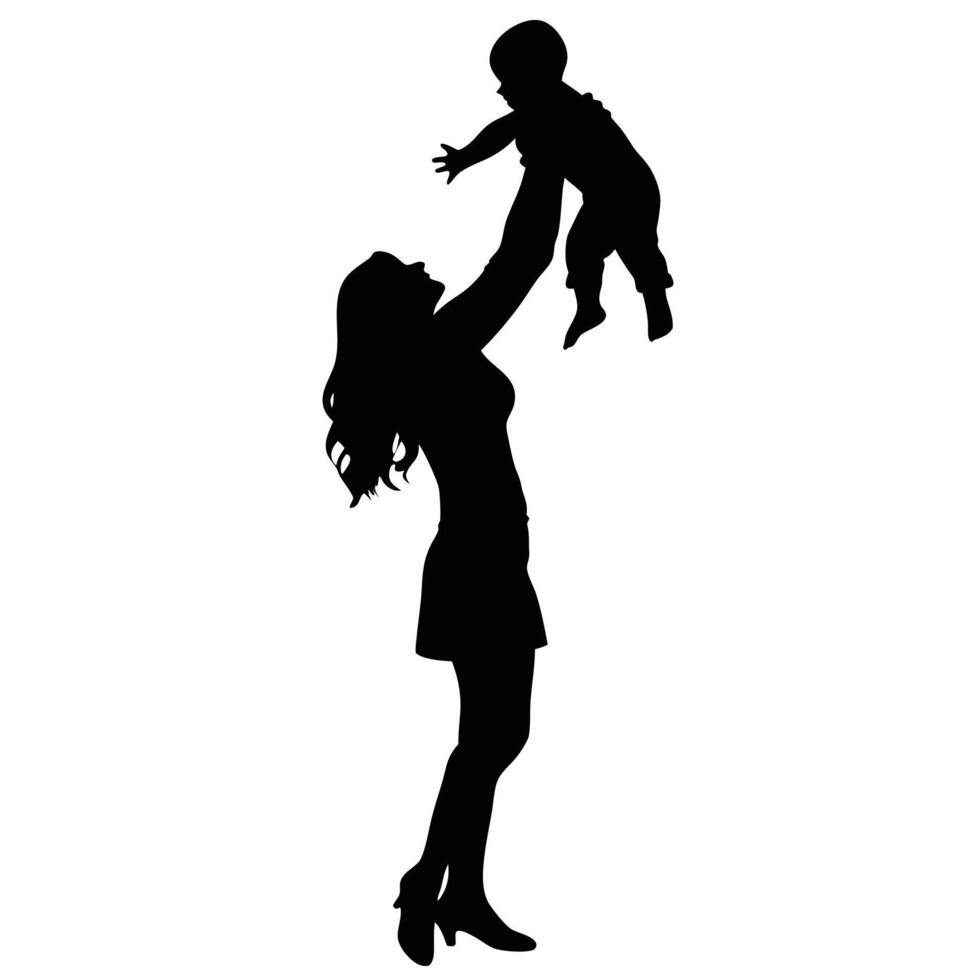 Silhouette Of Loving Mother Joyfully Holding Her Baby Up In The Air vector