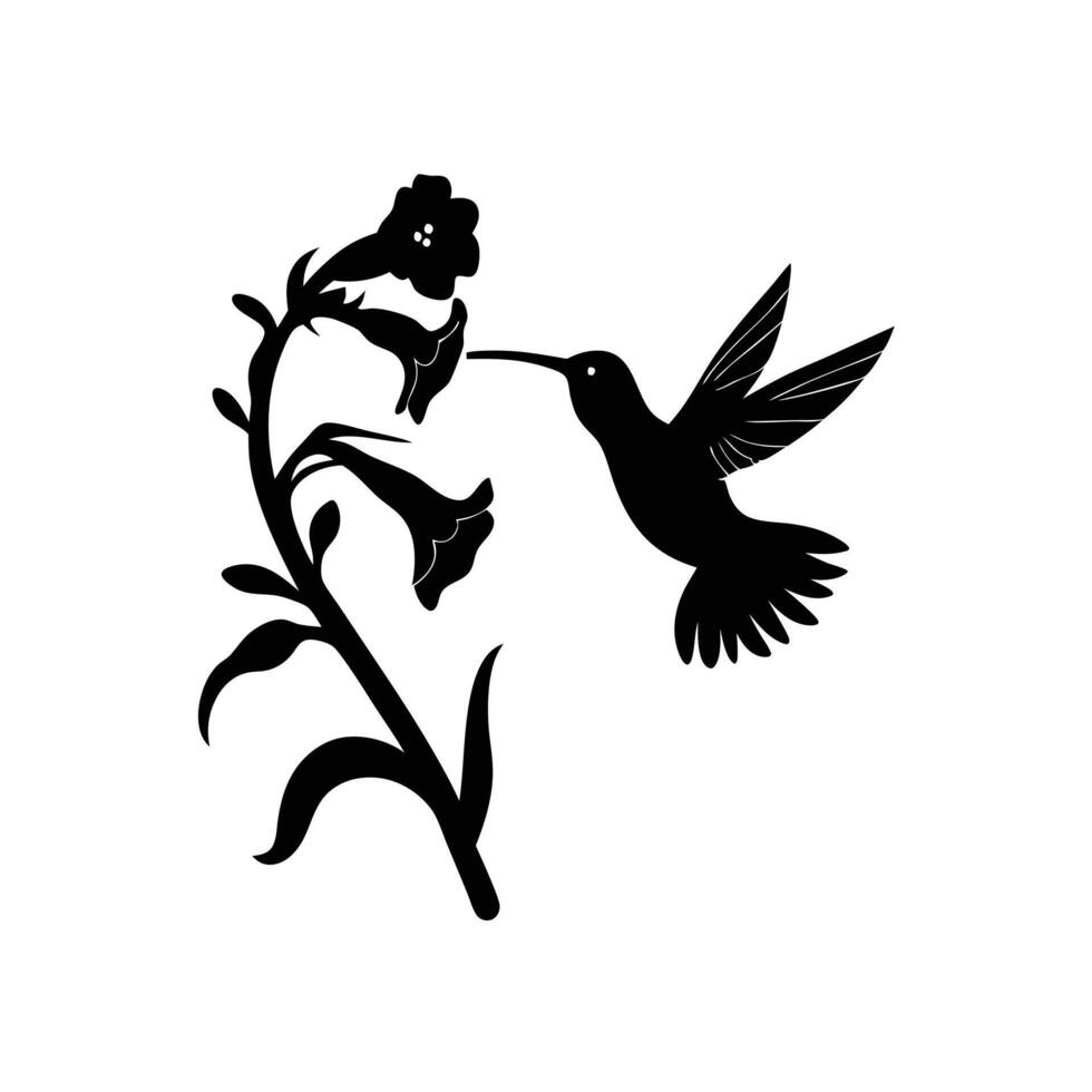 Hummingbird Silhouette Flying Towards Flowers Black And White Elegant Design vector
