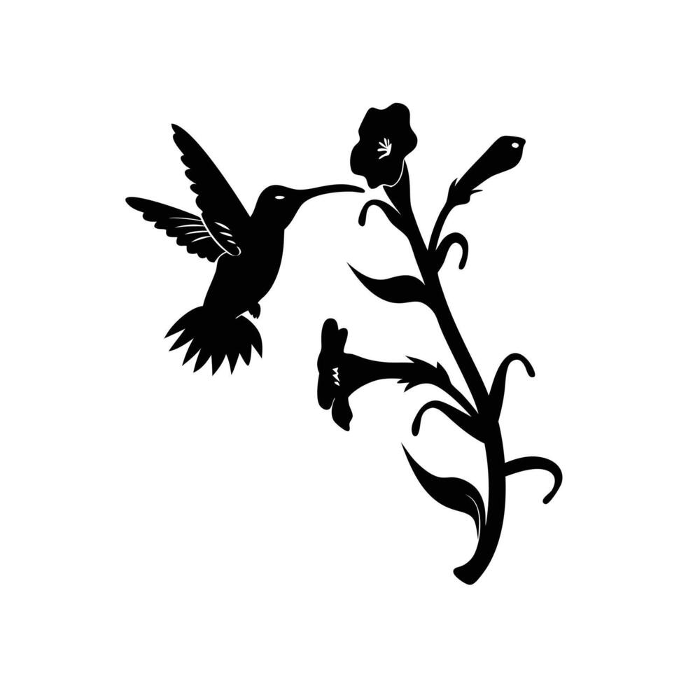 Hummingbird Reaching Nectar From Flower Silhouette Black And White Minimalistic Design vector