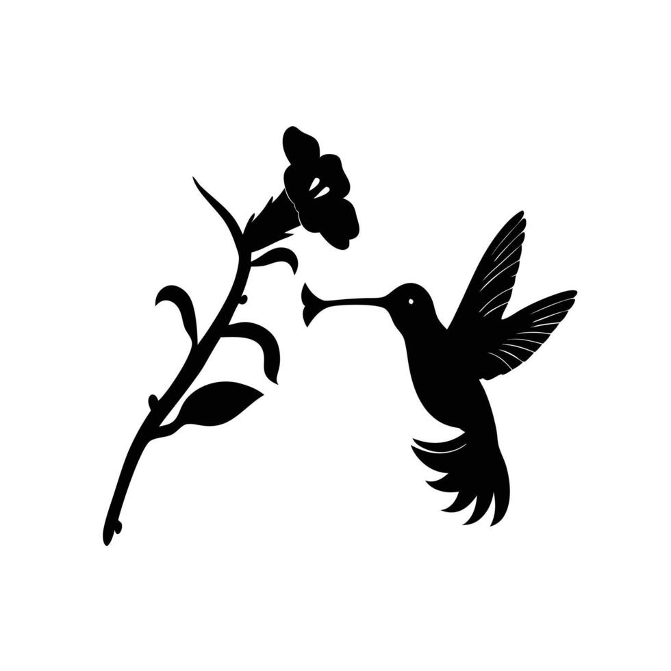 Hummingbird Silhouette Feeding On Flower Nectar Black And White Simple Minimalist Design vector