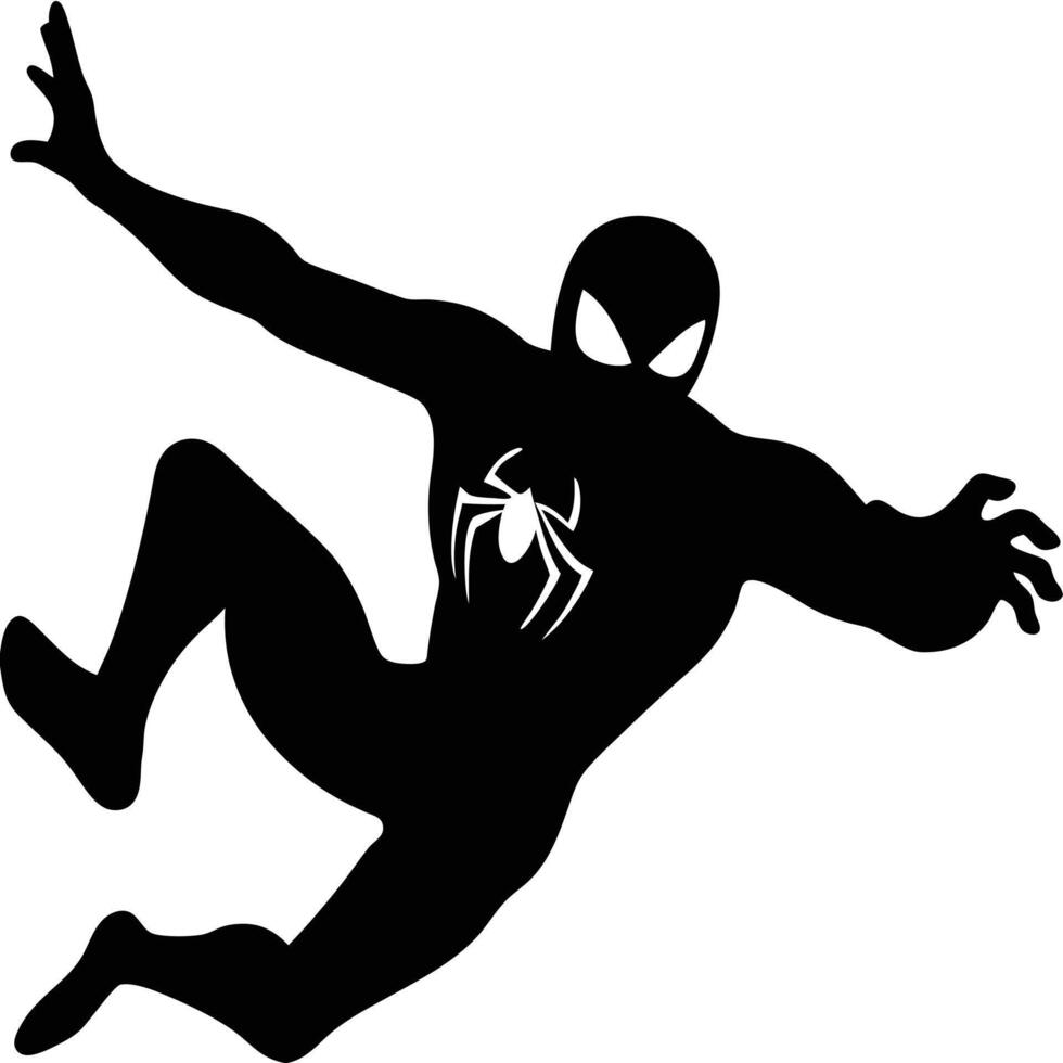 Silhouette Of Superhero Action Figure Leaping With Spider Emblem Isolated On White vector