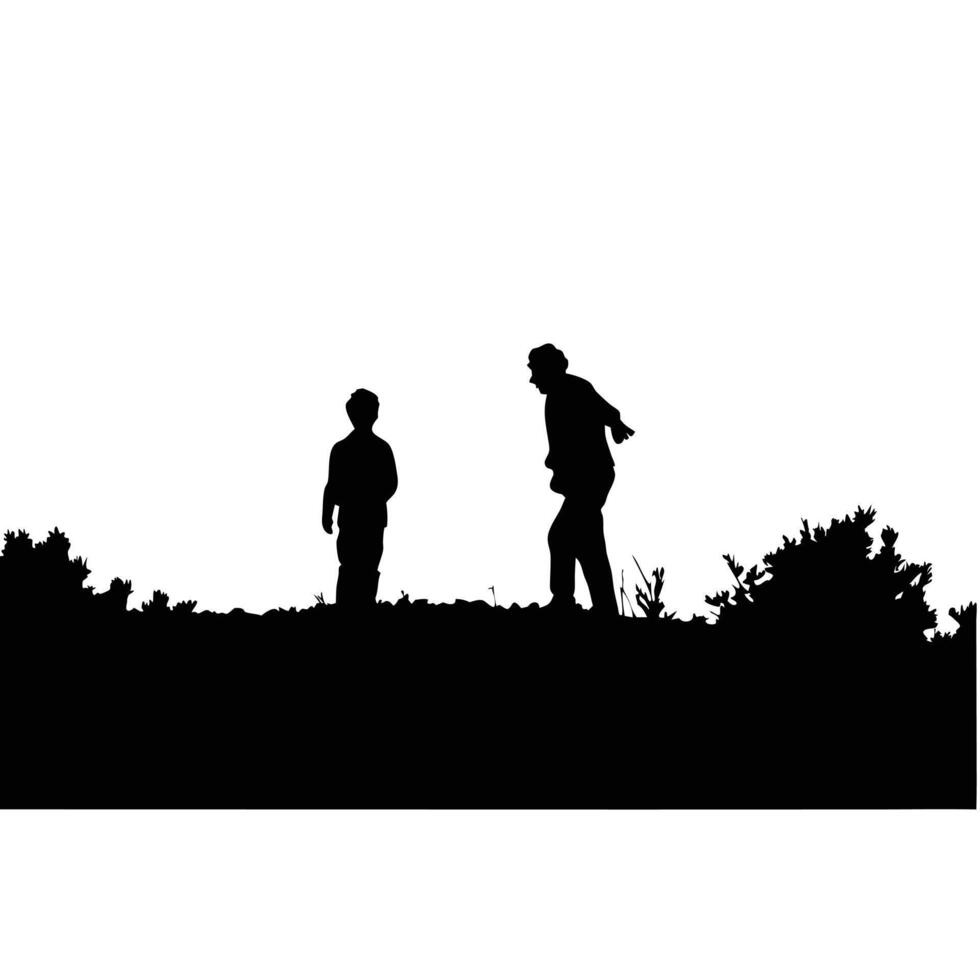 Silhouette Of Grandfather And Grandson Walking Together In Nature Black And White vector