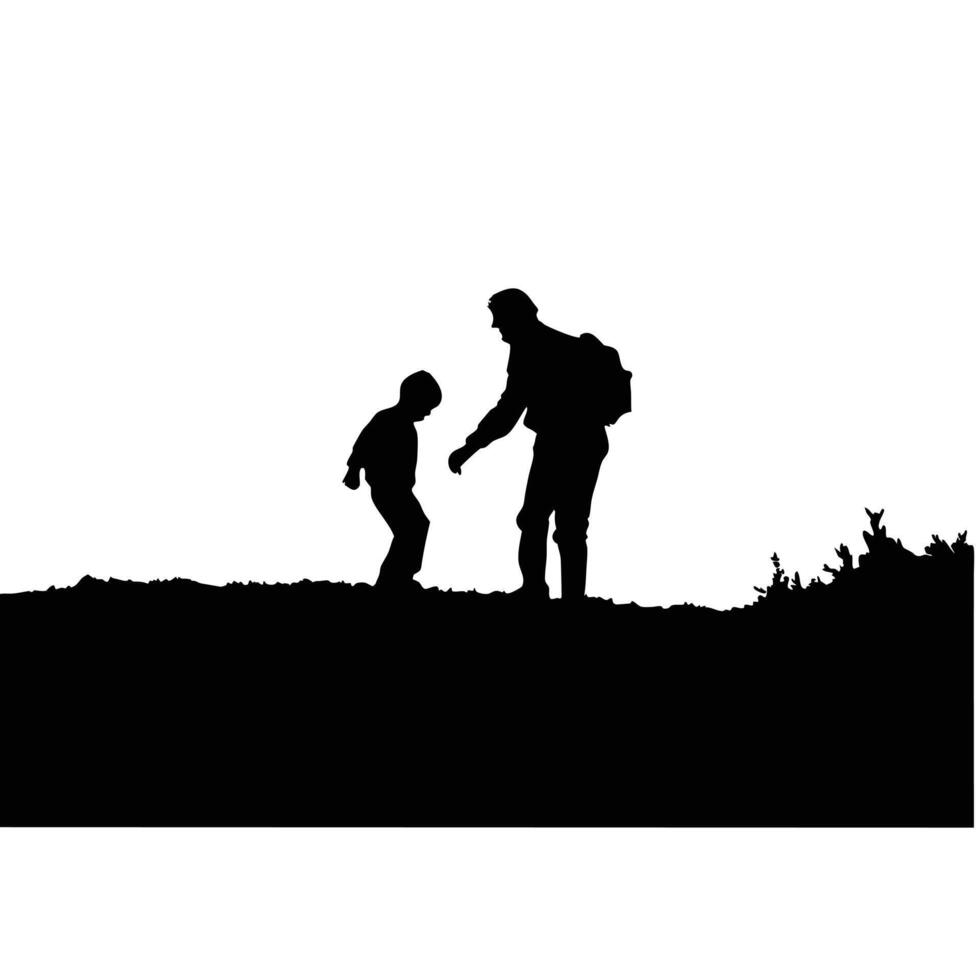 Father And Son Silhouette On A Hill Exploring Nature Together Black And White vector