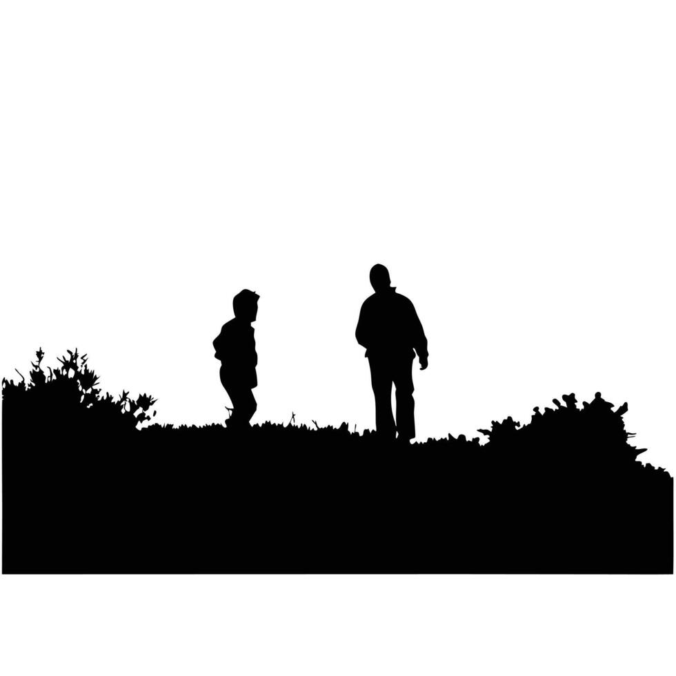 Silhouette Of Father And Son Walking Together On A Hilltop Outdoors vector