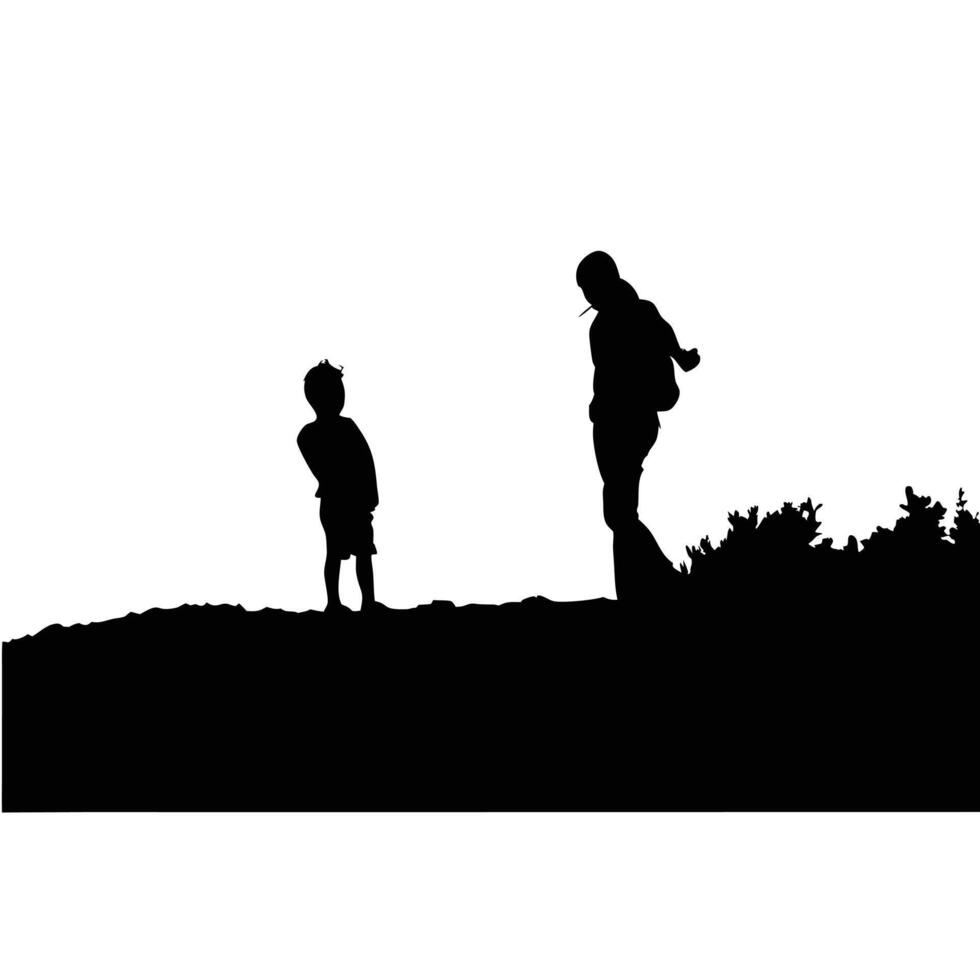 Silhouette Illustration Of Mother And Child Walking Together On A Hill vector