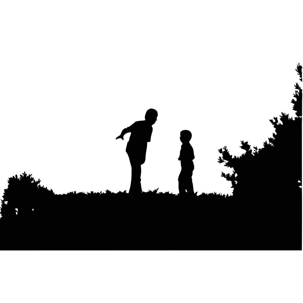 Father And Son Silhouette In Nature Black And White Illustration vector