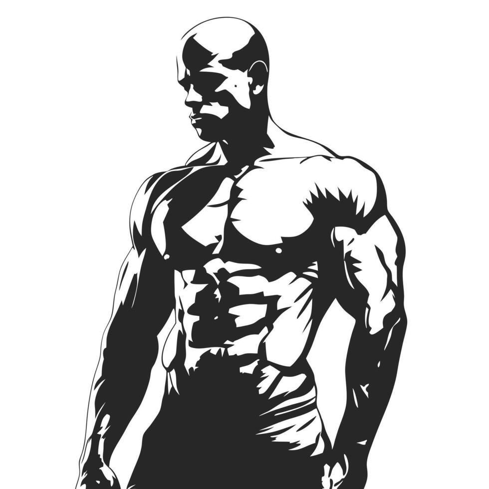 Striking Monochrome Illustration Of A Muscular Bodybuilder With Strong Physique vector