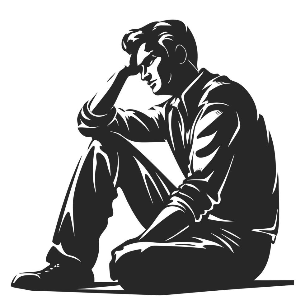 Illustration Of A Depressed Man Sitting With Head In Hand Silhouette vector