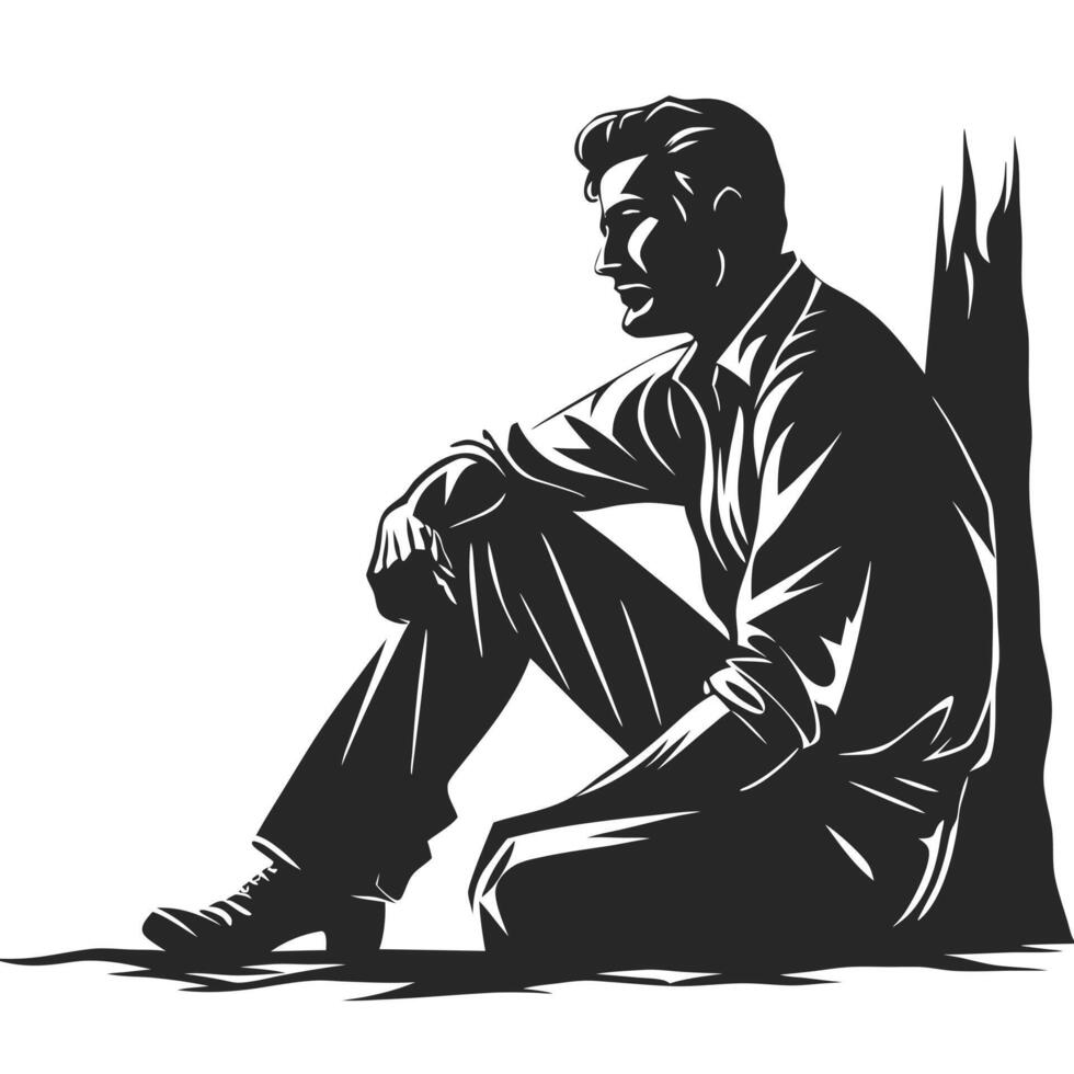 Silhouette Illustration Of Thoughtful Man Resting Against Tree Graphic vector