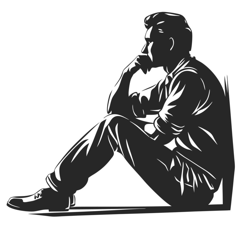 Monochrome Illustration Of A Thoughtful Man Sitting On The Floor Pondering vector