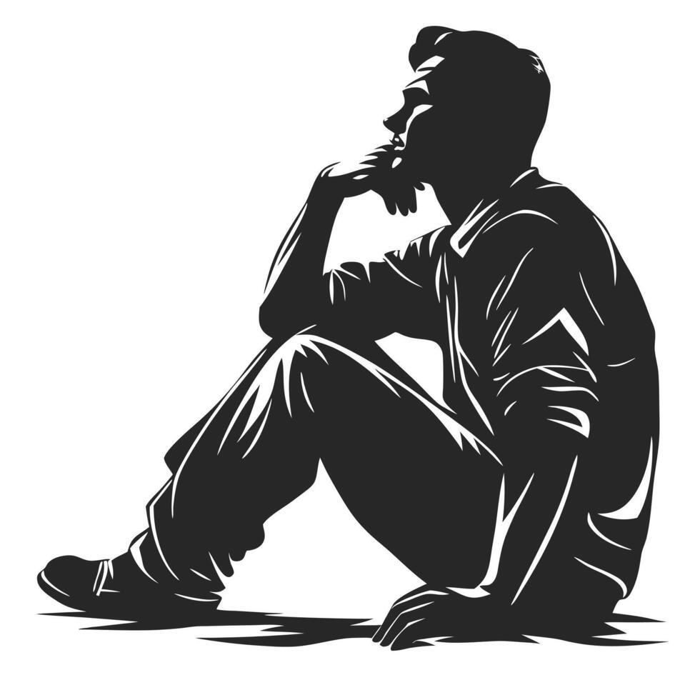 Thoughtful Man Sitting Silhouette Graphic Contemplative Pose On White Background vector