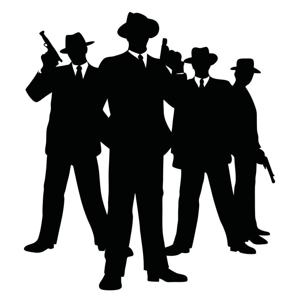 Silhouette Of Dangerous Gangsters In Suits Holding Guns On A White Background vector