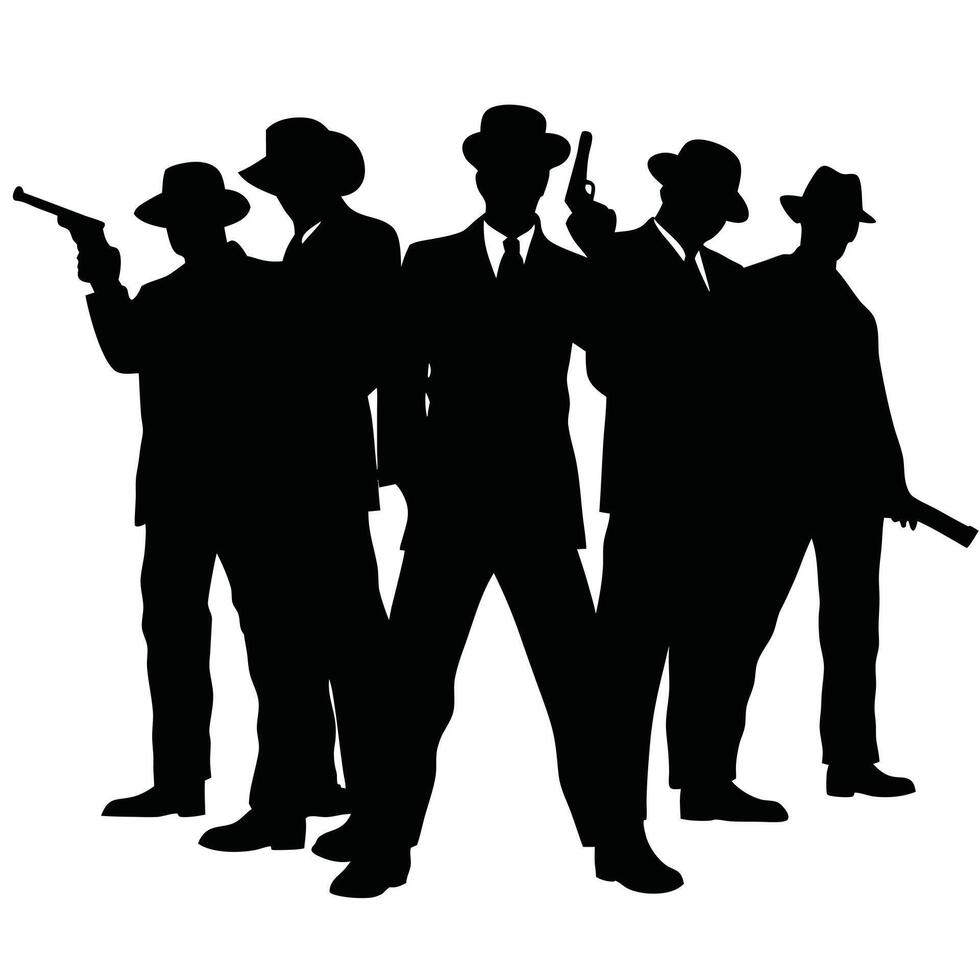 Silhouette Group Of Gangsters With Guns Wearing Hats And Suits Graphic vector