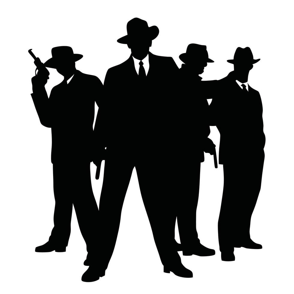 Silhouette Of Gangsters With Guns In Suits And Hats On White Background vector