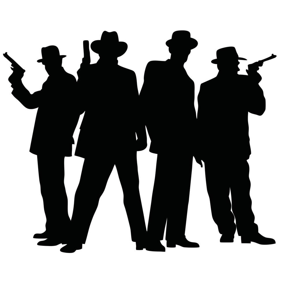 Silhouette Of Gangsters With Guns Isolated On White Background In Format vector