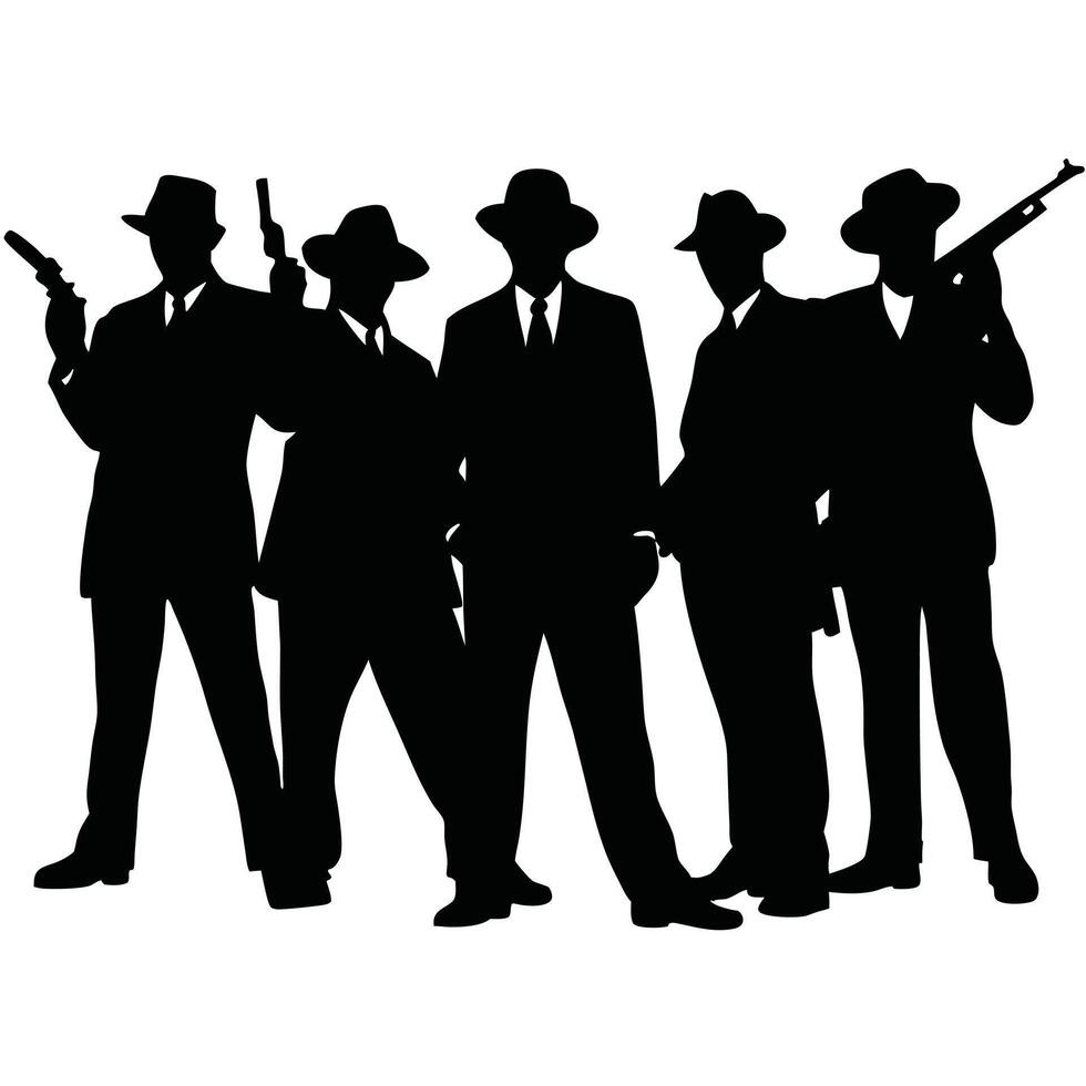 Silhouette Of Armed Gangsters In Suits And Hats Classic Organized Crime vector