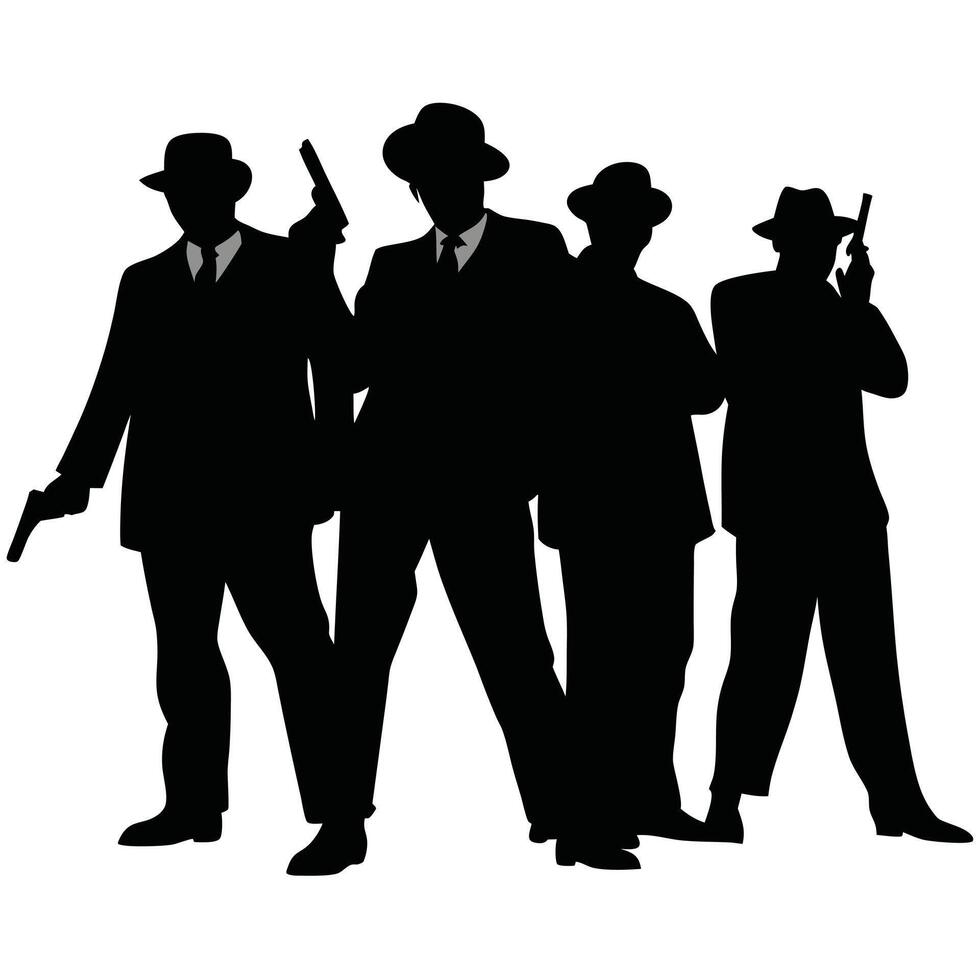 Silhouette Of Dangerous Gangsters With Guns In Suits And Hats Graphic vector