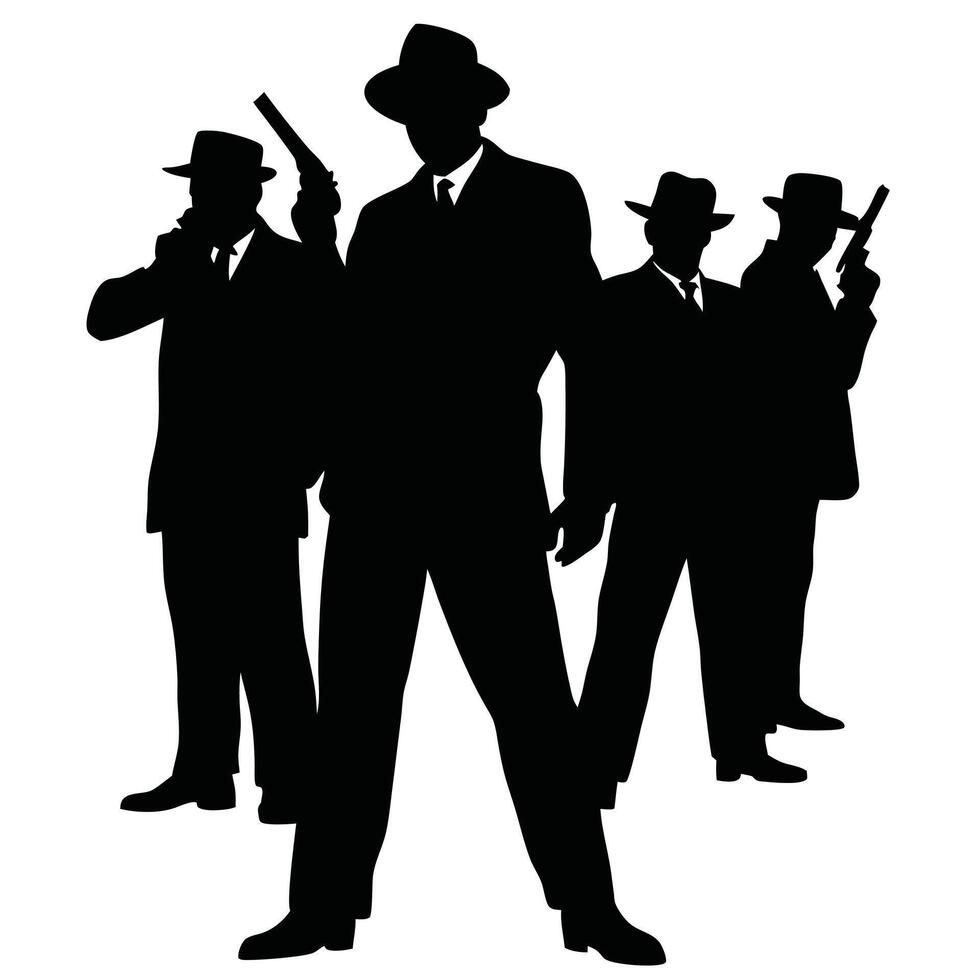 Silhouette Of Gangsters With Guns Wearing Hats And Suits Isolated On White vector
