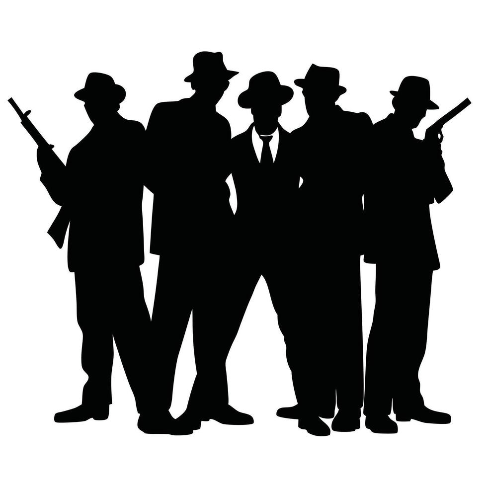 Silhouette Illustration Of Armed Gangsters Wearing Hats And Suits In A Bold Stance vector