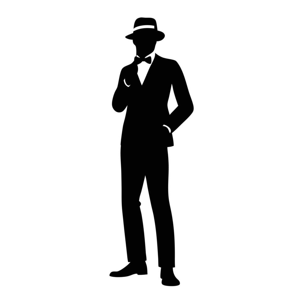 Elegant Man Silhouette Wearing Suit And Hat Standing With Hand Gesture Isolated vector