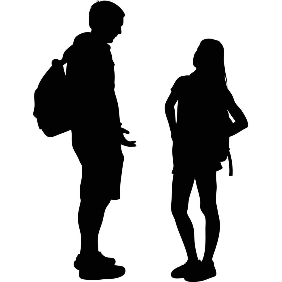 Silhouette Of Two Students Talking Outdoors After School In Graphic Style vector