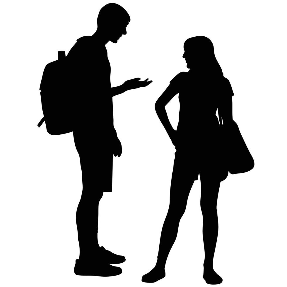 Silhouetted Man And Woman In Conversation Wearing Casual Clothes Black And White vector