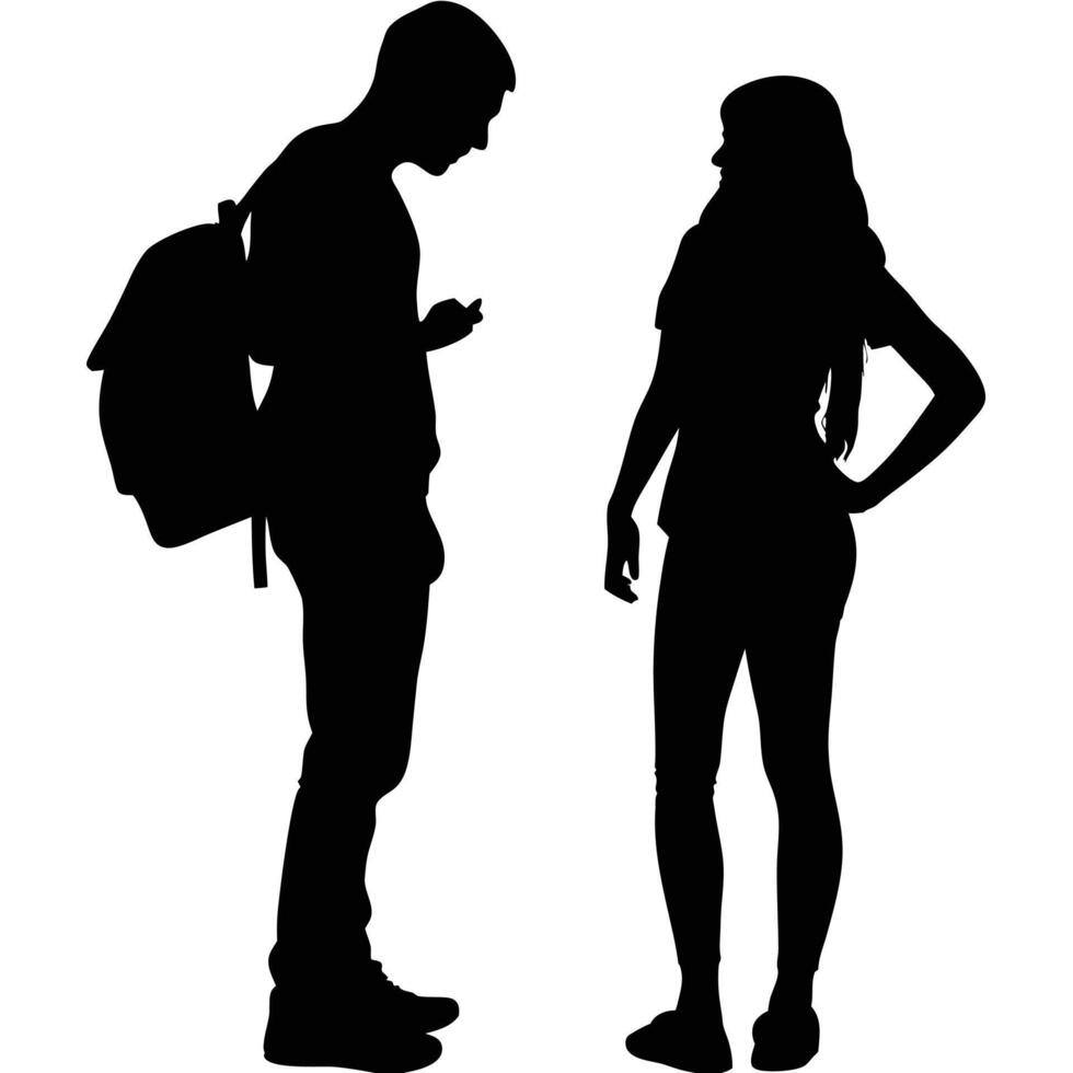 Teenagers Silhouette Meeting On Campus Guy Texting While Girl Waits Angrily vector