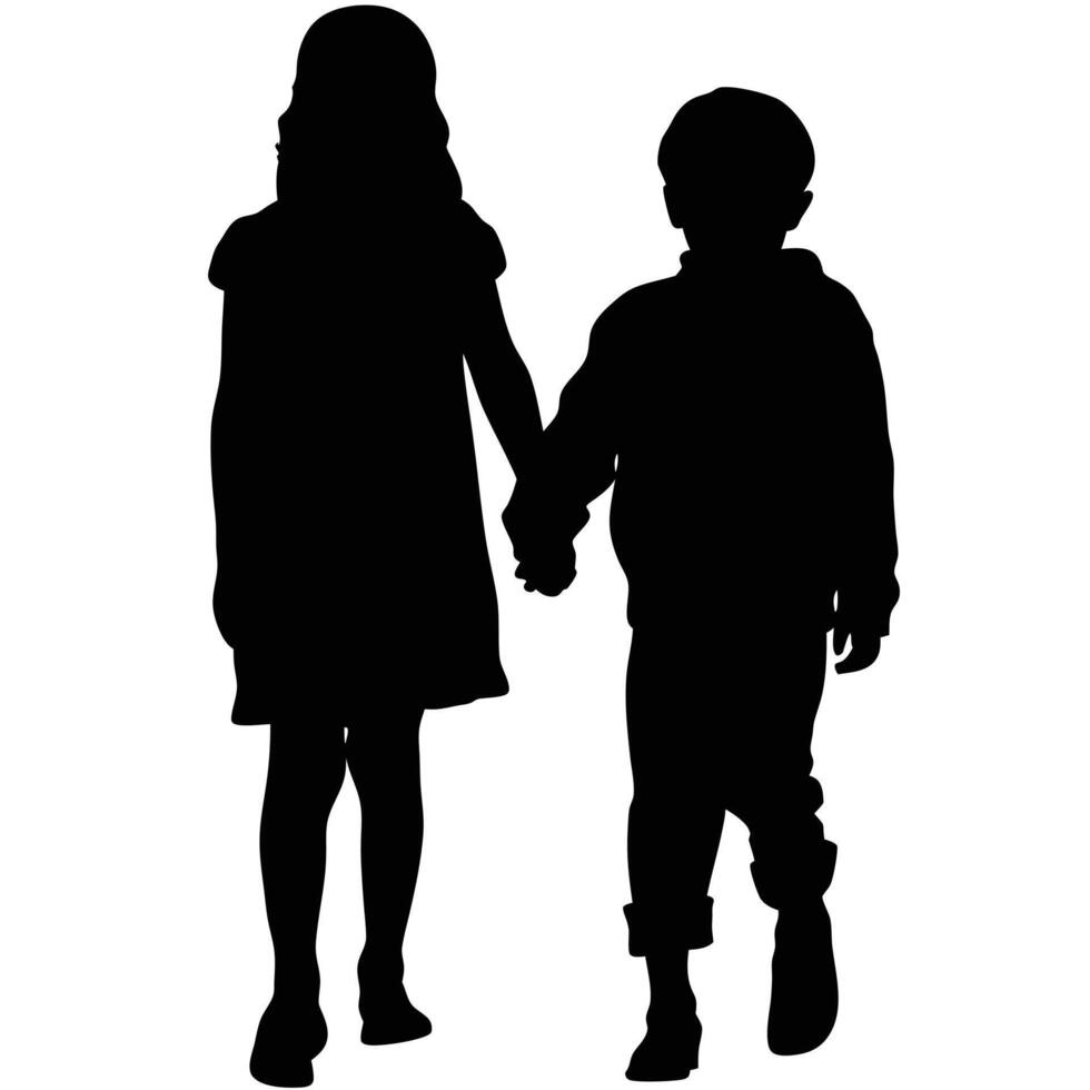 Silhouette Of Young Brother And Sister Holding Hands Walking Together vector