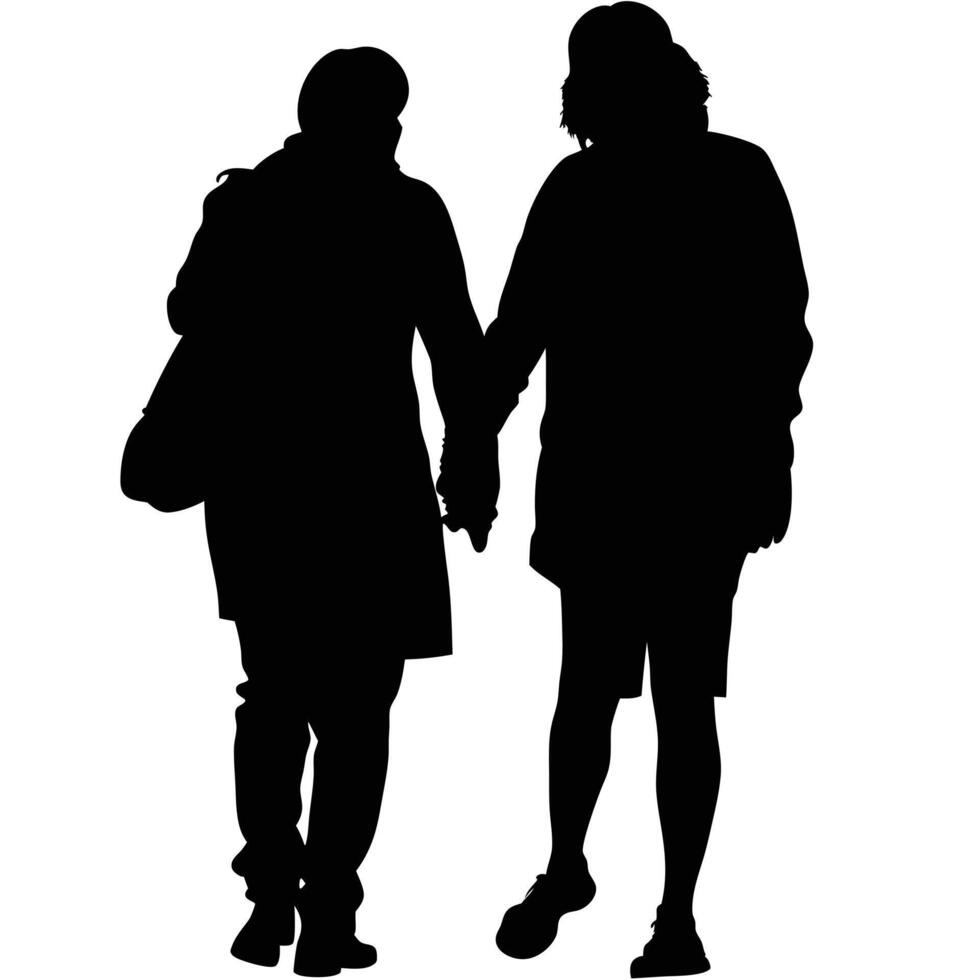 Silhouette Of Two Women Holding Hands Walking Together On White Background vector