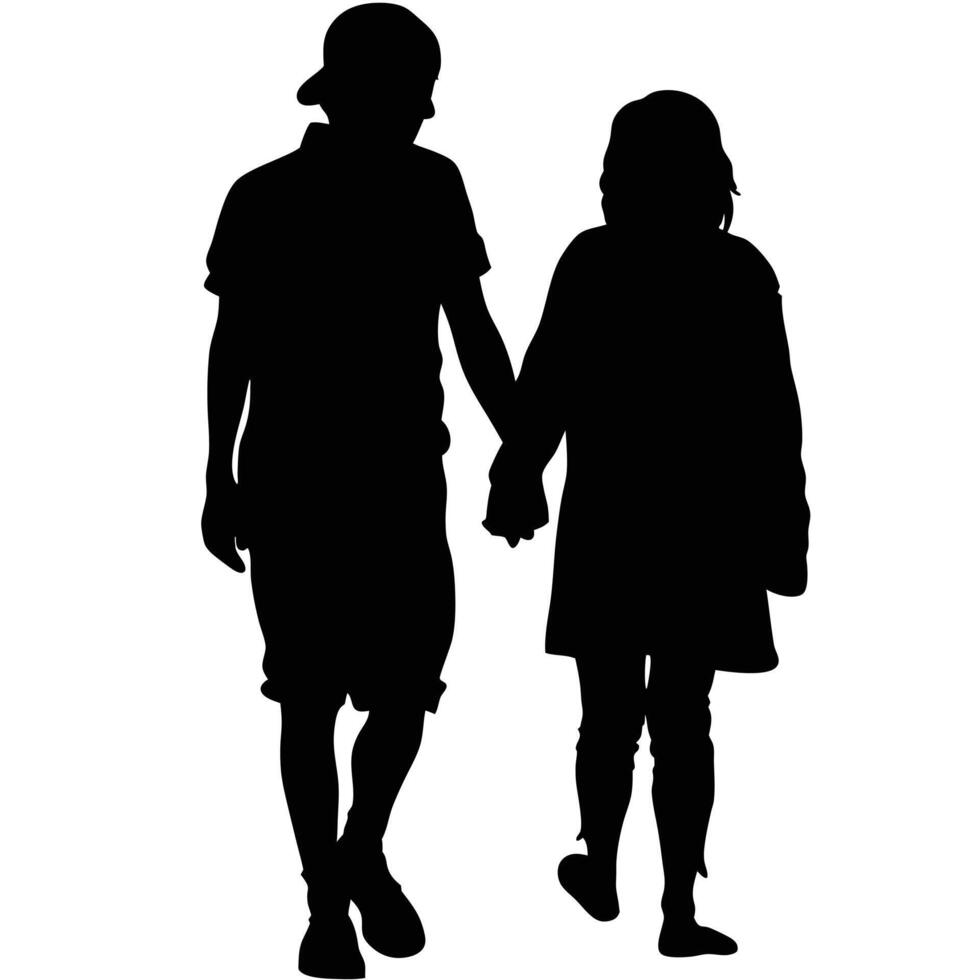 Brother And Sister Silhouette Walking Together Hand In Hand On A Walk vector