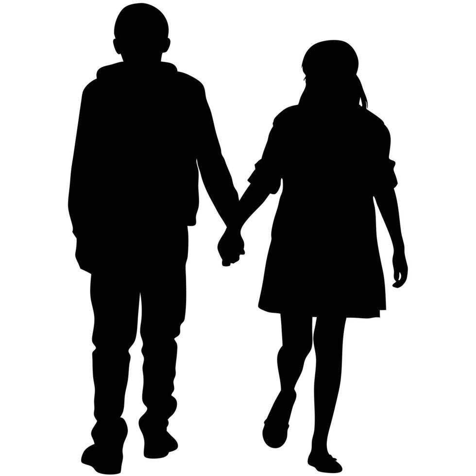 Silhouette Of A Young Boy And Girl Holding Hands Walking Together vector
