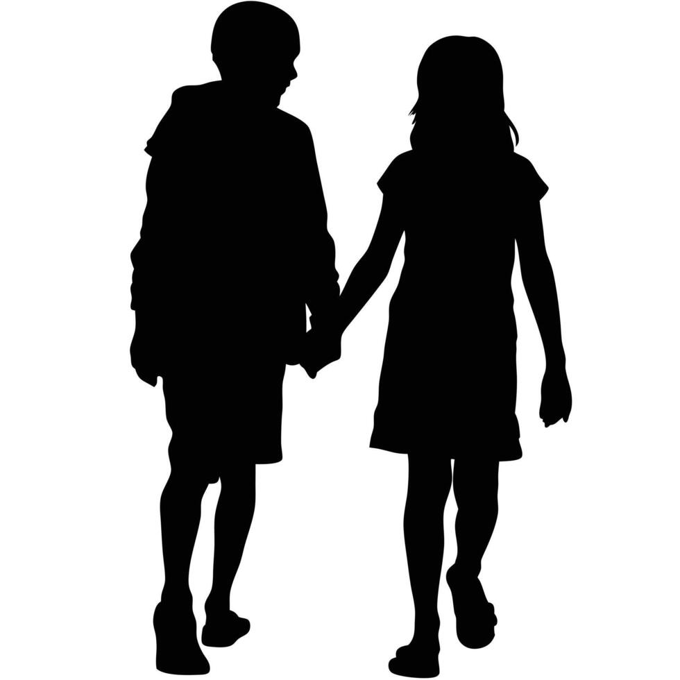 Silhouette Of Boy And Girl Walking Hand In Hand Together In Simple Graphic vector