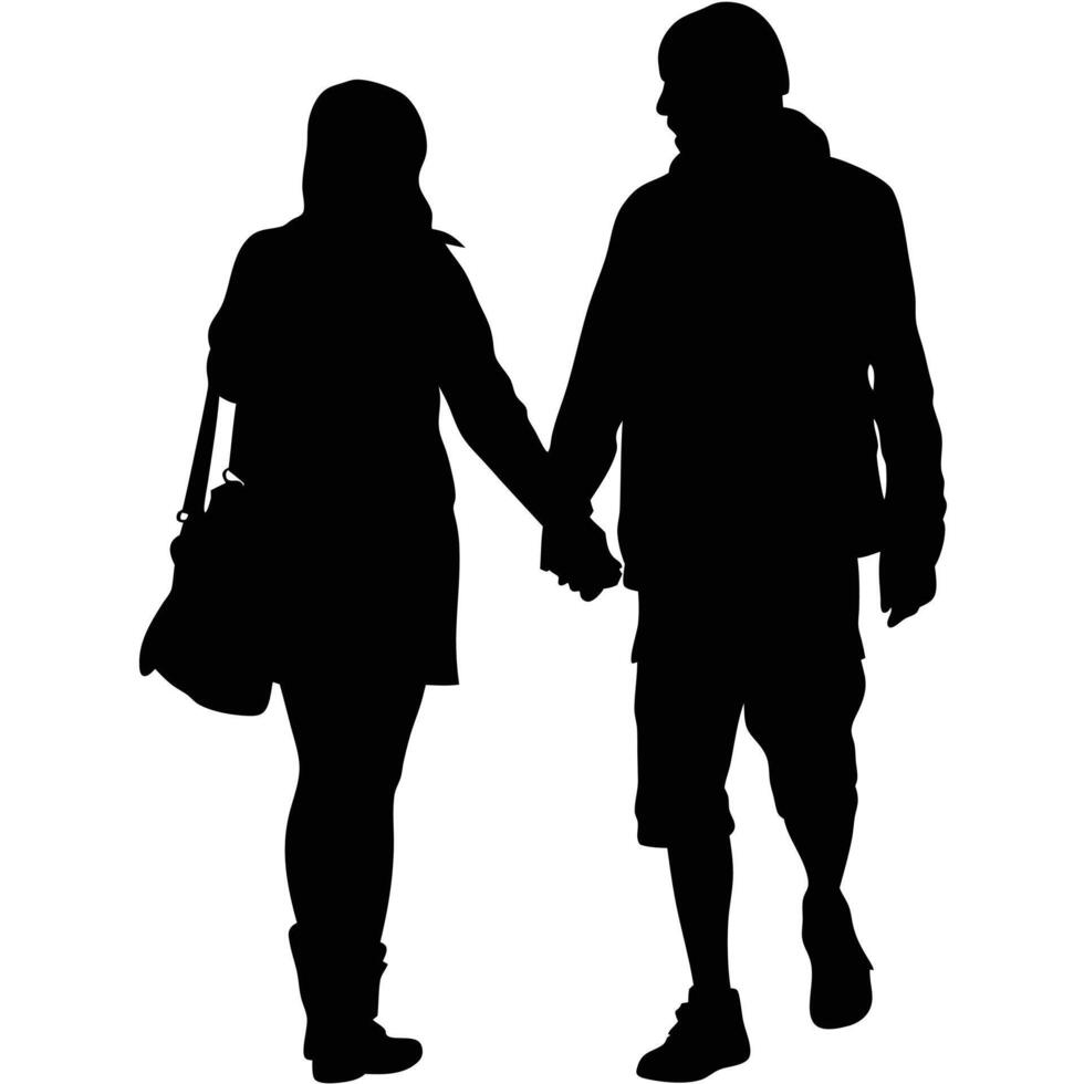 Silhouette Of Couple Holding Hands Walking Together In Black And White vector