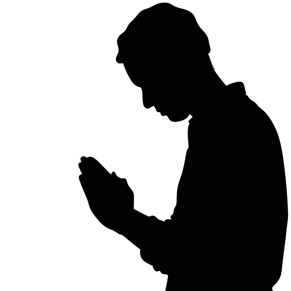 Silhouette Of Man In Prayer Gesture Against A White Background vector